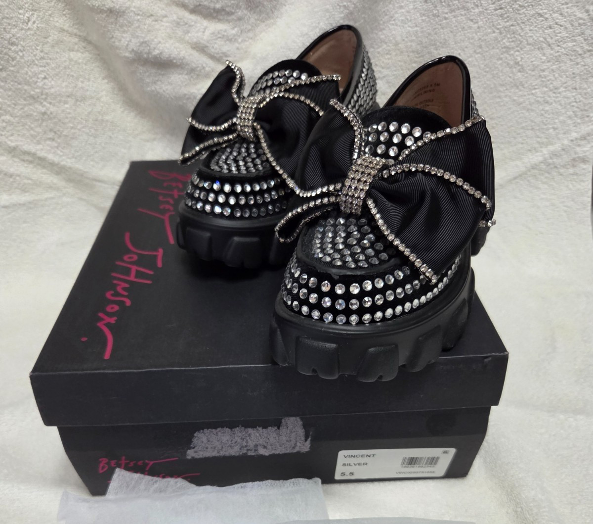 Betsey Johnson Vincent Bow Black Rhinestone Chunky Platform Loafer Women’s 5.5 M