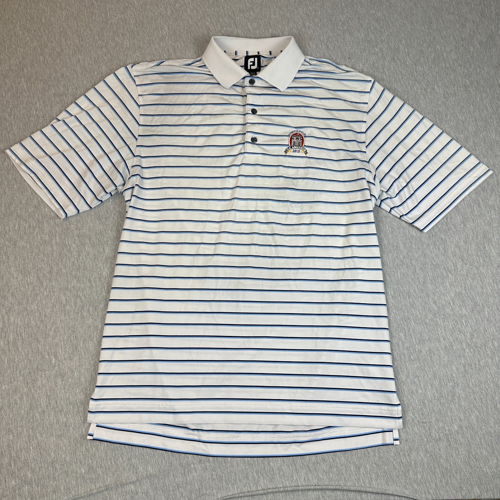 FootJoy Prodry Lisle Mens L White Striped Polo 2015 Olympia Fields Amateur Open