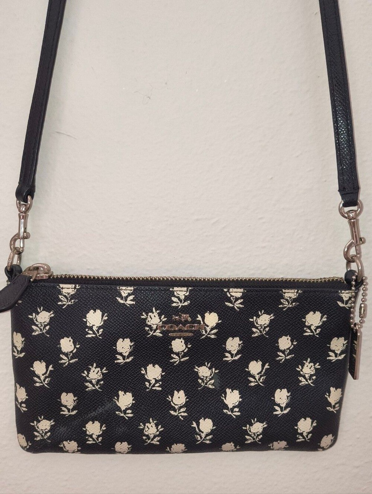 Coach 52834 Badlands Floral Print Black Leather Crossbody Pouch Bag