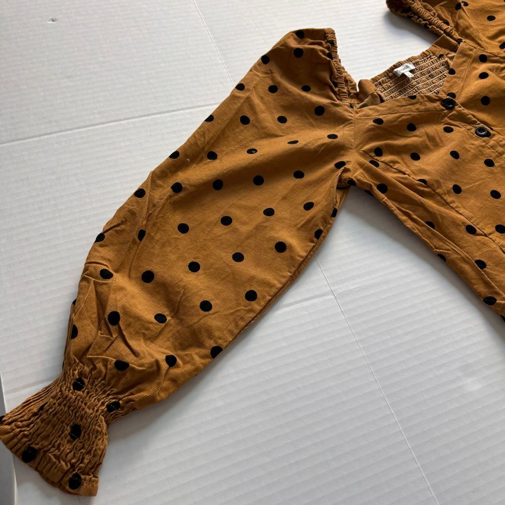 Madewell Corduroy Polka Dot Puff Sleeve Button-Up Top in Caramel Size 6