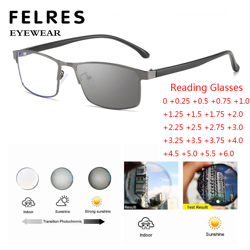 Men Metal Square Photochromic Reading Glasses Full Frame Outdoor Sunglasses New