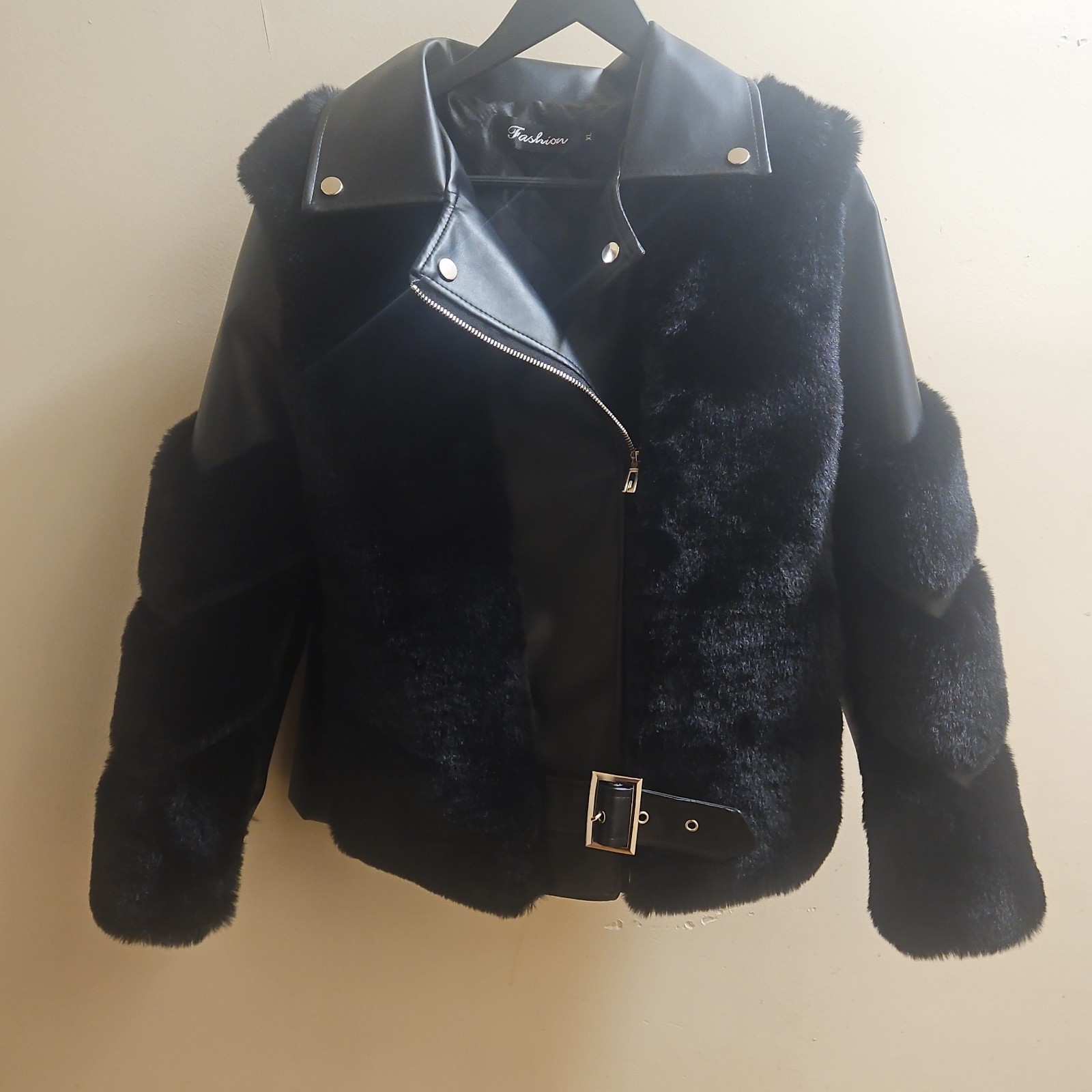 Fashion Black Faux Leather Faux Fur Biker Jacket Belted Collared Short S Women