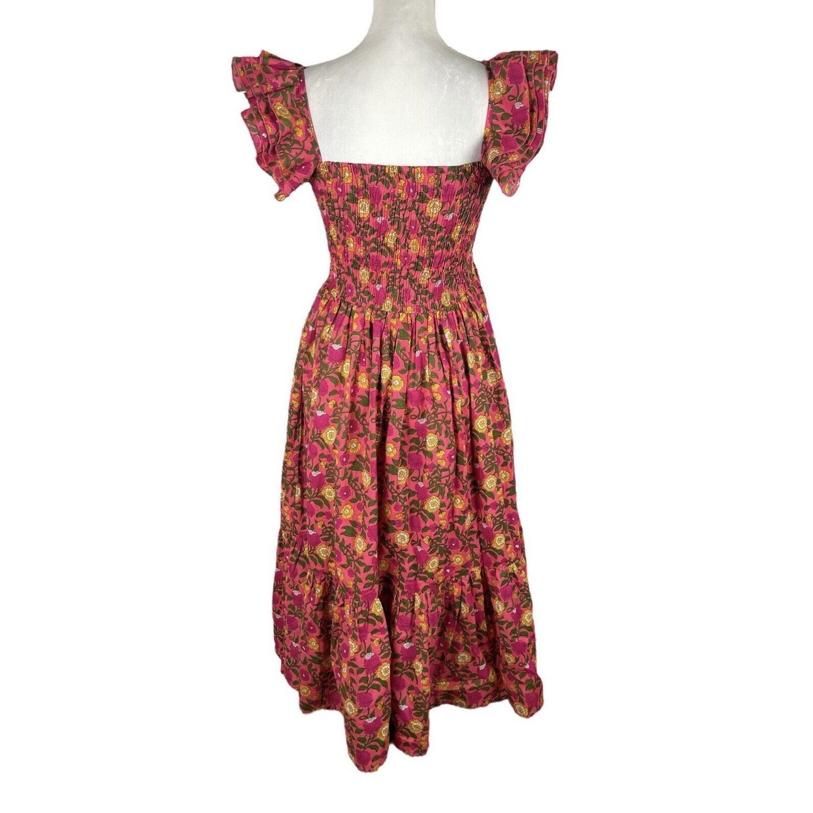Mille Olympia Floral Smocked Midi Dress Ruffle Strap Cottagecore Coastal Sz XXS