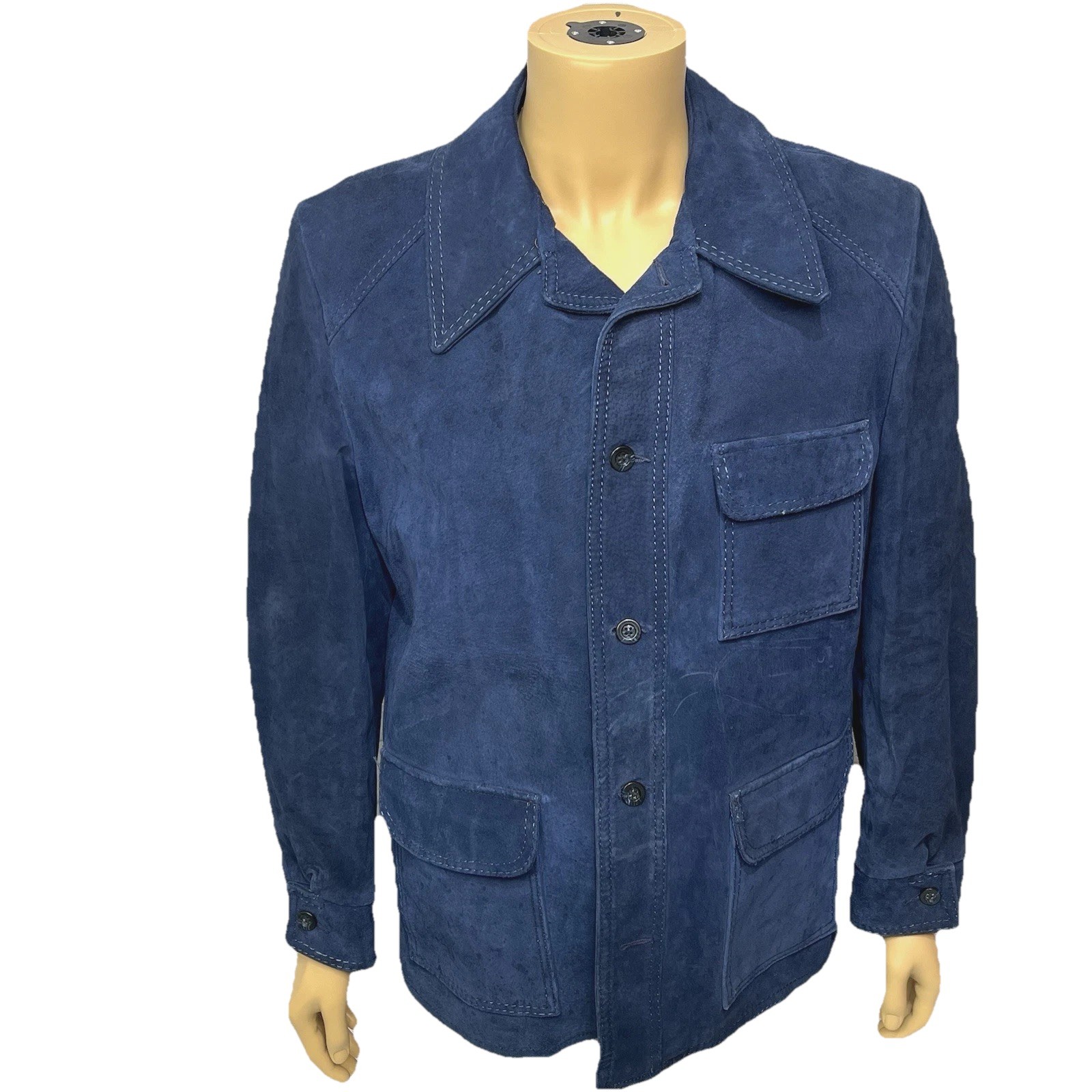 Vintage 60s 70s Men’s Cresco Blue Suede Leather Jacket Size 46 Chore Coat Safari