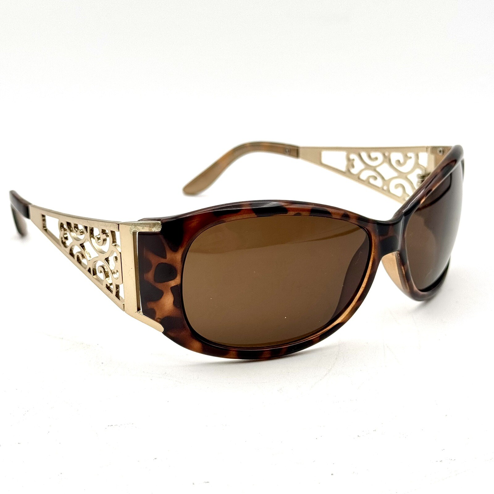 Fashion Oval Sunglasses Brown Tortoise Shell & Designer Ornate Frame Gold Metal