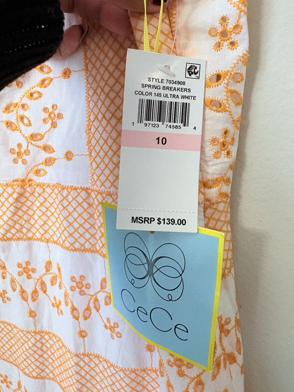 NWT CeCe Apron Neck Embroidered Cotton Maxi Dress White Orange Size 10 MSRP $139