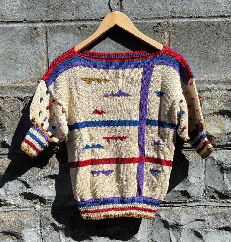 Vintage 80s Color Block Stripe Sweater Batwing Dolman Sleeve Virgin Acrylic Sz S