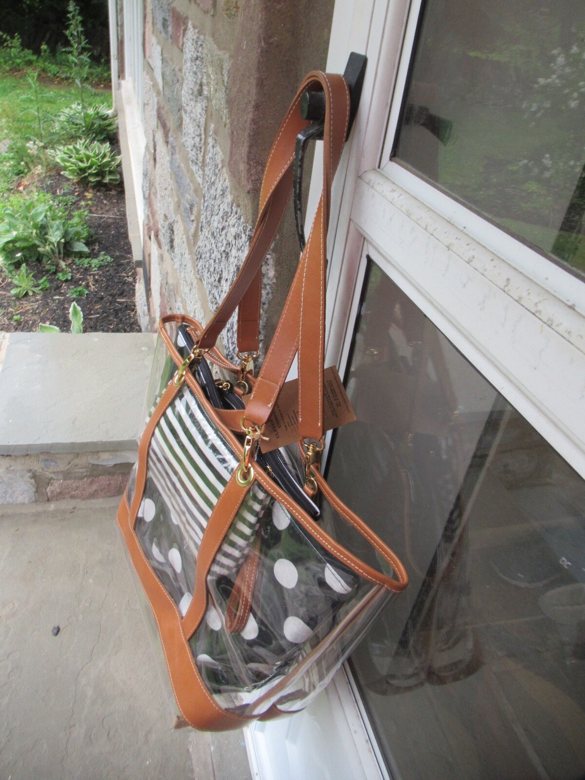 NWT Clever Carriage Co. Large Clear Tote/ Leather Trim/ Striped/ Polka Dot Bags