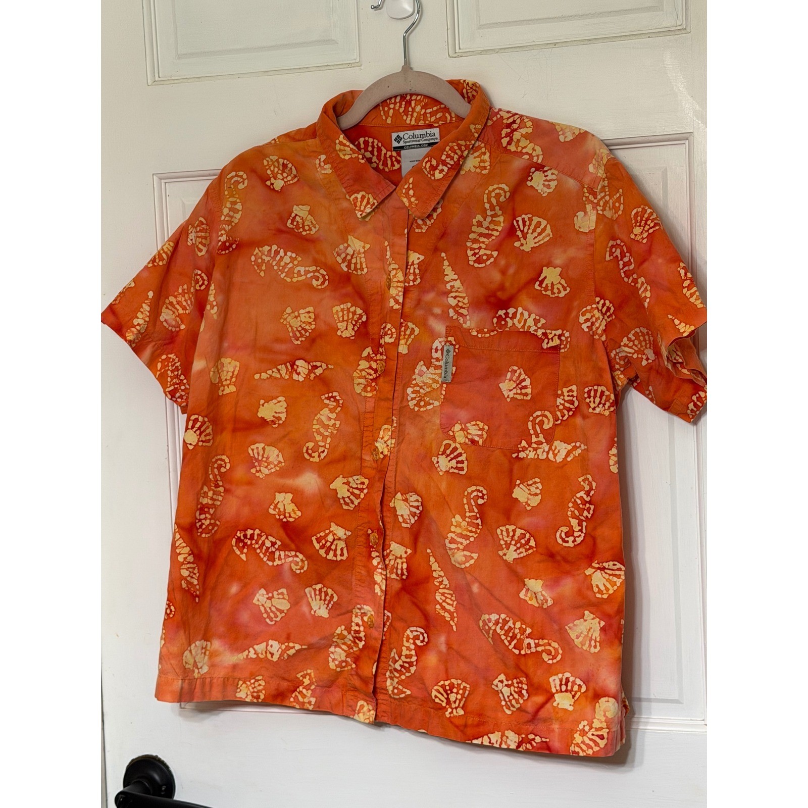 Columbia Womens XXL Orange Sea Shell Seahorse Batik Cotton Button Down Shirt