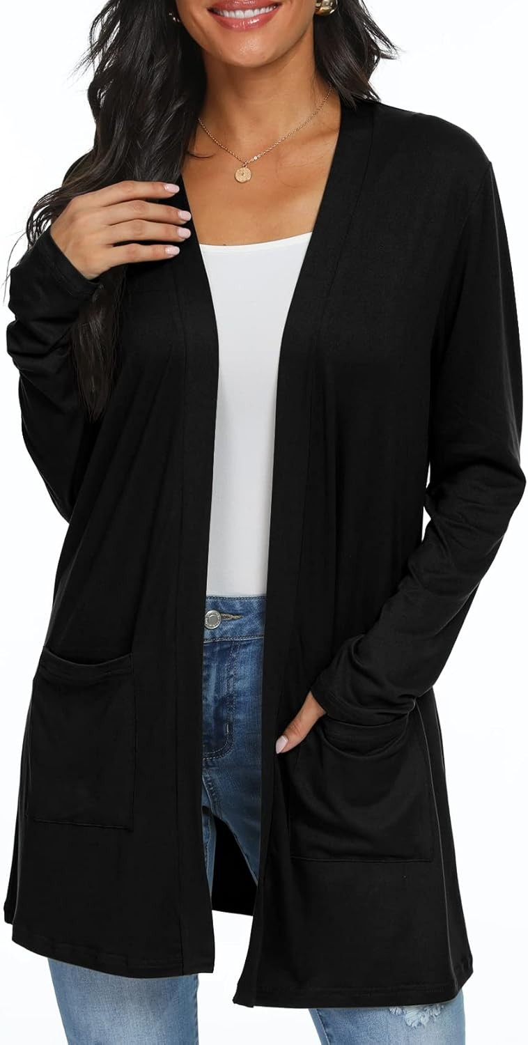 Womens Open Front Long Sleeve Cardigan Lightweight Casual Knit Sweater