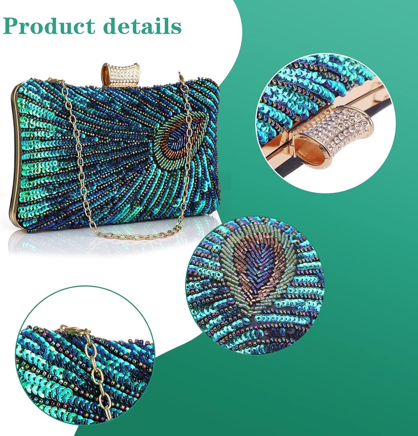 Beaded Sequin Peacock Evening Clutch Bags Party Wedding Purse 7.9*4.7*2.4 in