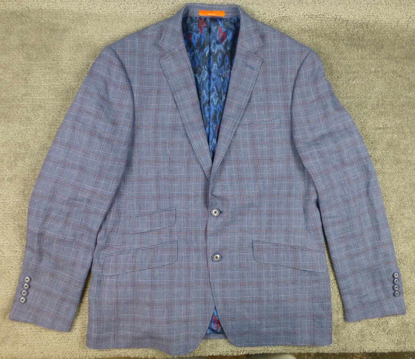 Tallia Sport Coat 42R 100% Linen Blazer Gray Blue Plaid Macy’s Lined Jacket