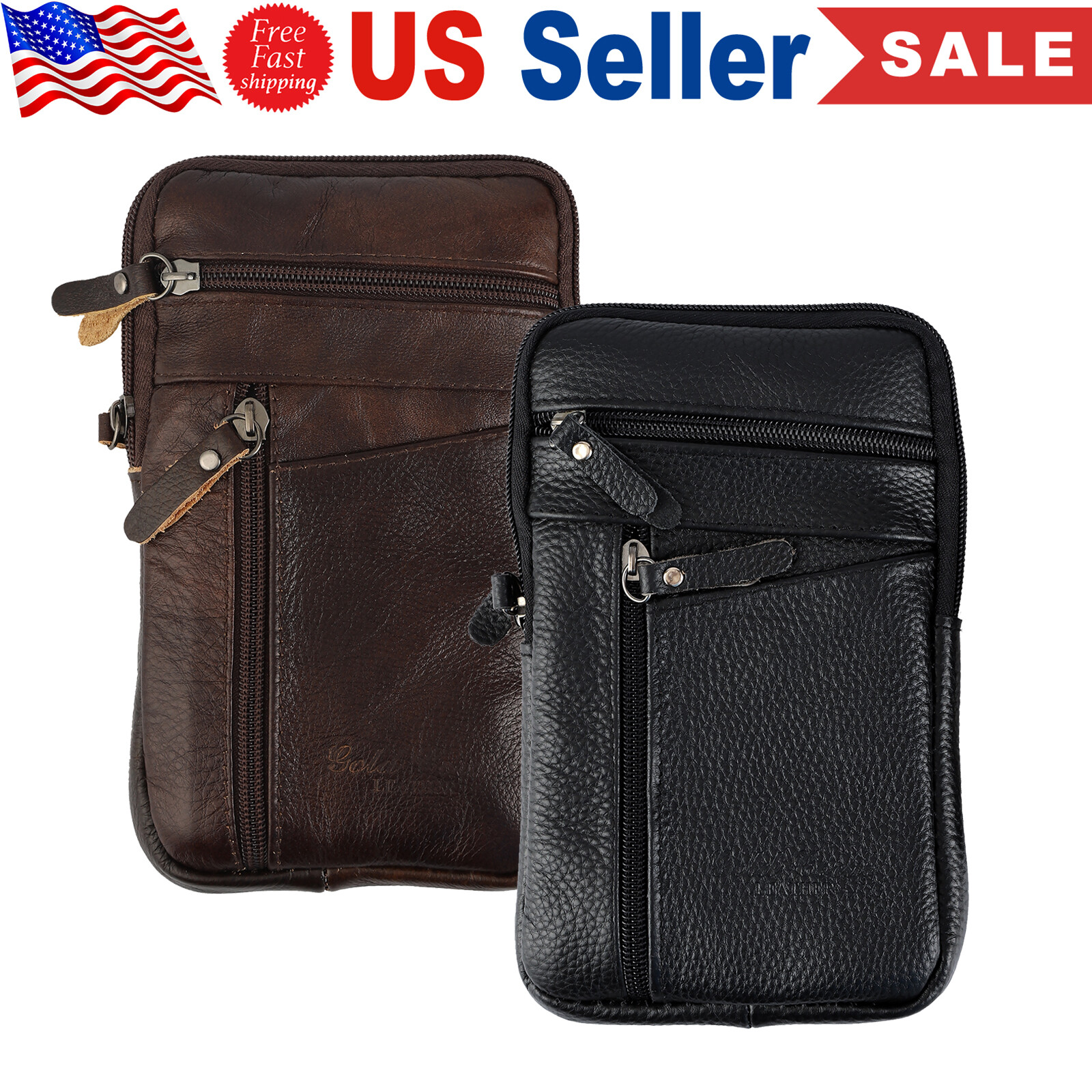 Men Leather Cell Phone Belt Bag Waist Bag Shoulder Pouch Crossbody Purse Pocket