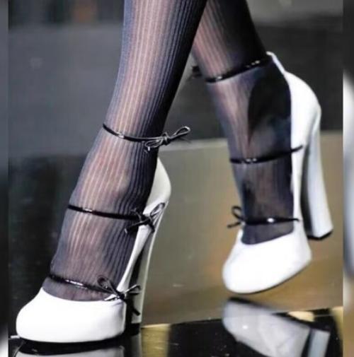 Women’s Bandage 12CM Chunky Heel Shoes Round Bowknot Toe Lace Up Splicing Chic