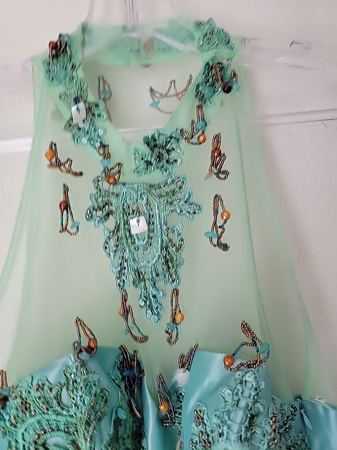 VTG Taffeta Formal Dress Size 8 Aqua Beaded Sleeveless Ruffle Tiered Prom