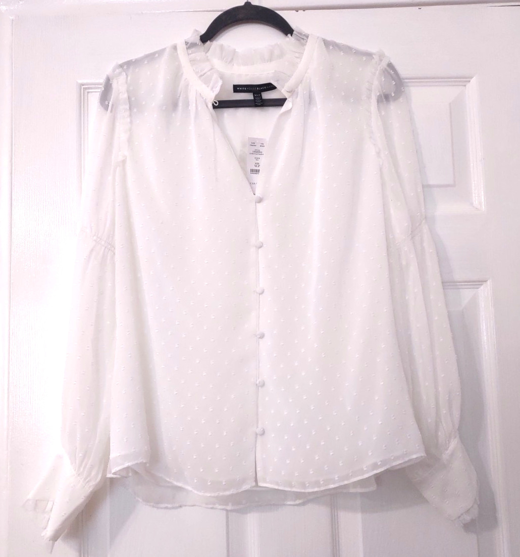 White House Black Market Swiss Dot Button Down Chiffon Blouse XLP Petite NEW