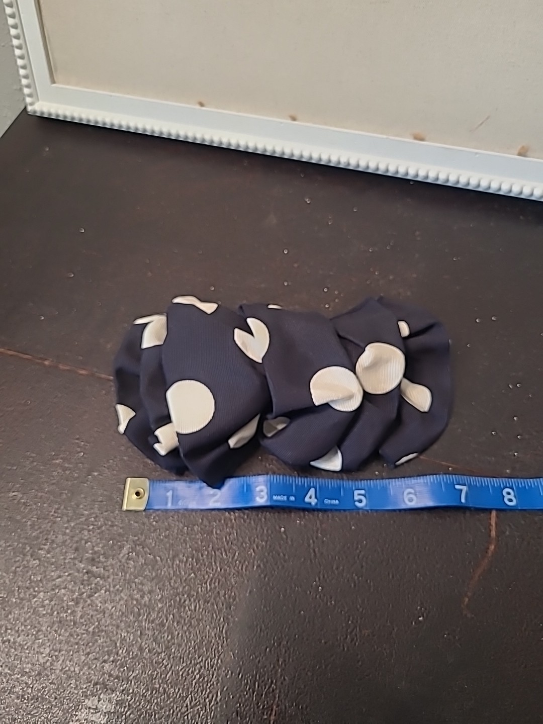 Vintage 80s 90s Big Hair Bow Barrette Clip Ribbon Ruffle Oversize Polka Dot Navy