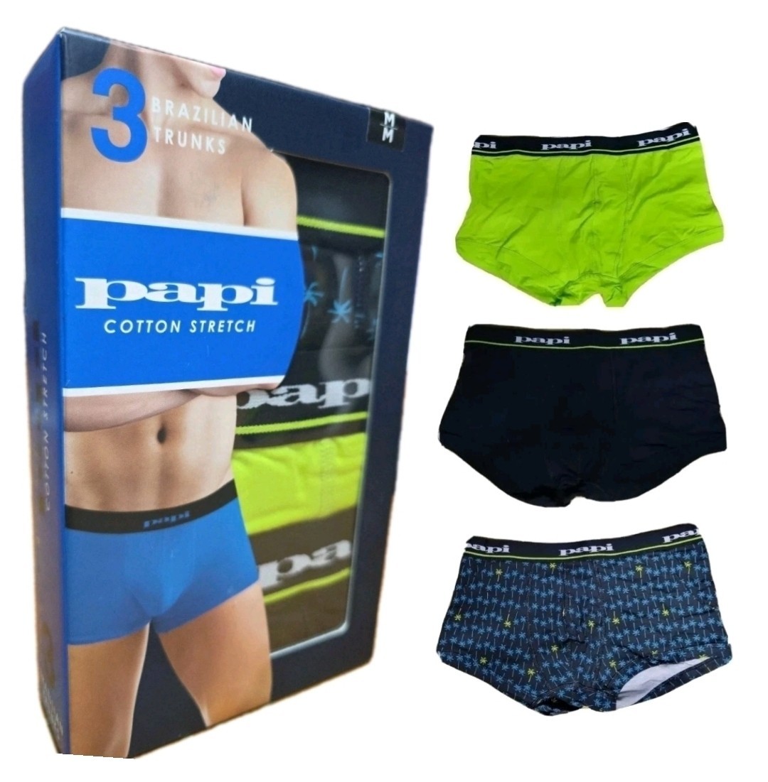 PAPI MENS BRAZILIAN TRUNKS COTTON STRETCH SIZE MEDIUM (32-34) 3 BRIEF TRUNKS