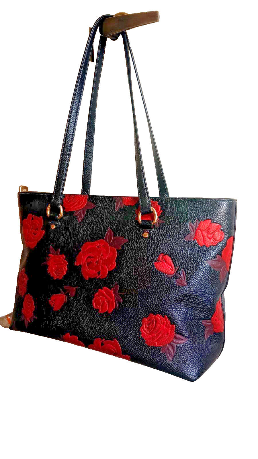 NWT COACH Station Tote Bag With Floral Print CCE23 pebbled leather/Im/Black/Red