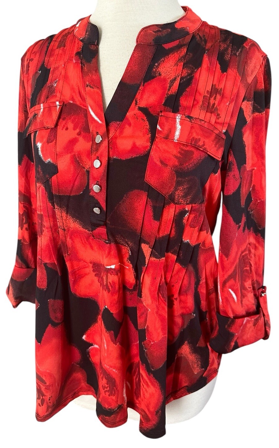 COCOMO XL Orange Red Black 3/4 sleeve women’s Pintuck Blouse Tunic shirt