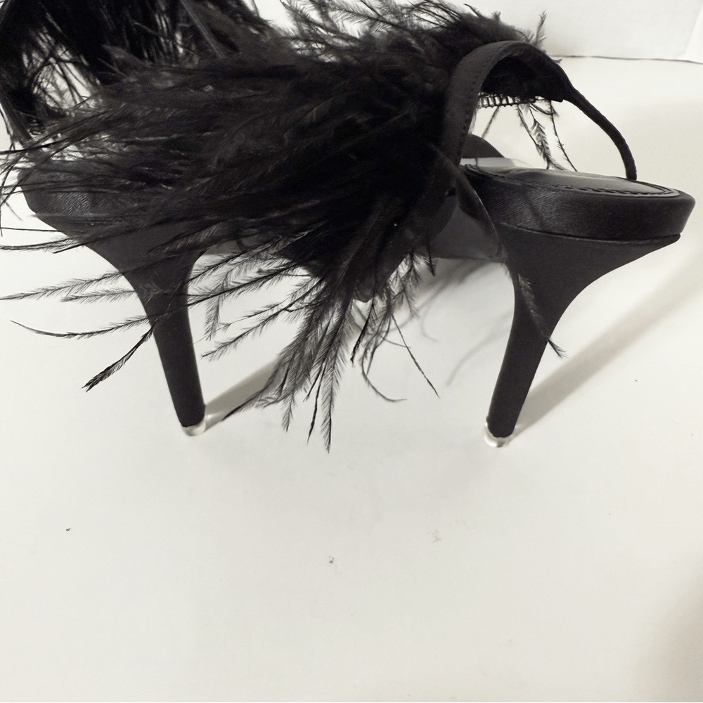 BLACK SUEDE STUDIO Trinity Satin Leather Ostrich Feather Black Sandals Size 10