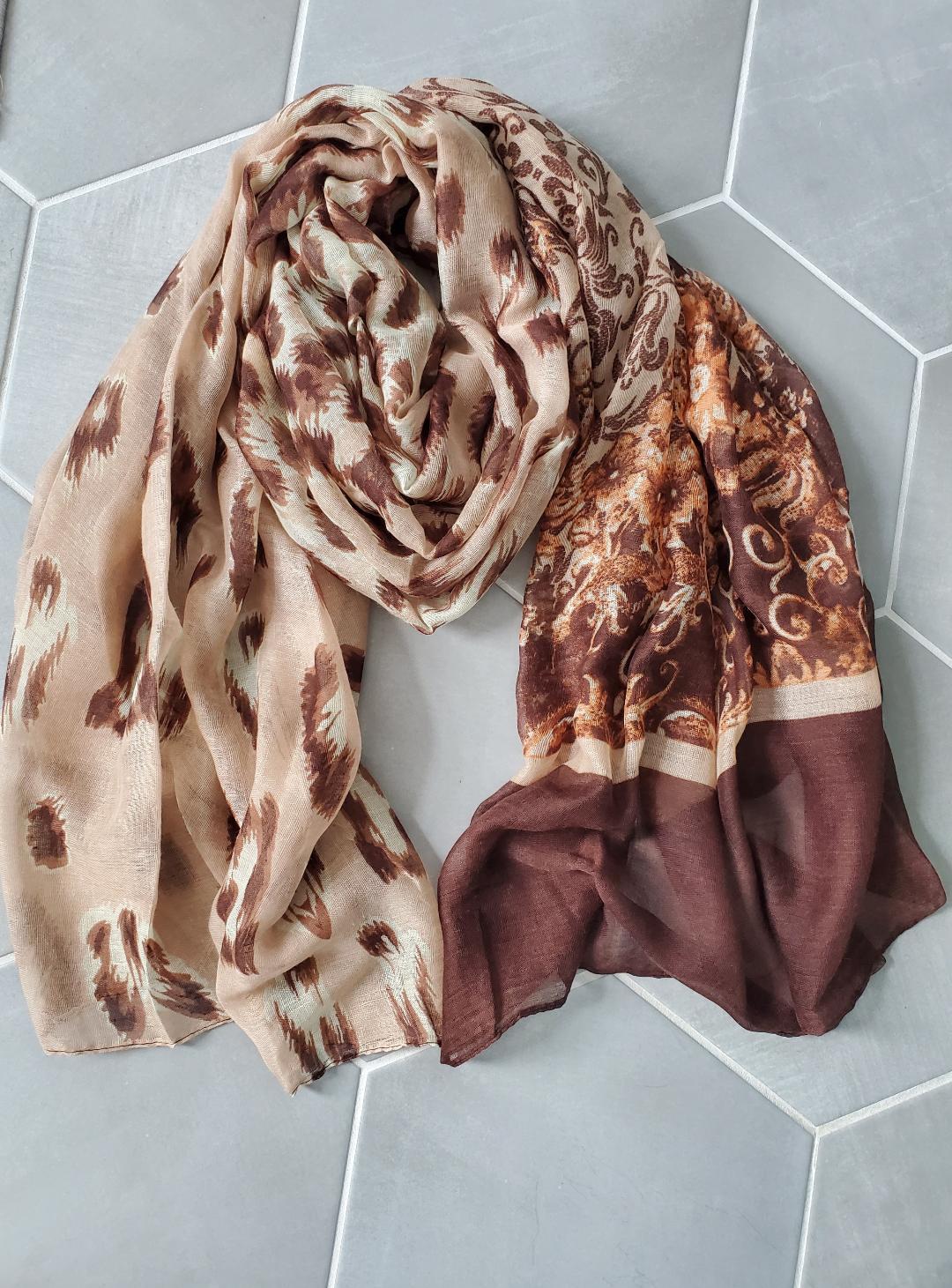 Maya Antonia Lightweight Soft Voile Scarf/Shawl,Teal-Aqua-Orange-Brown Leopard
