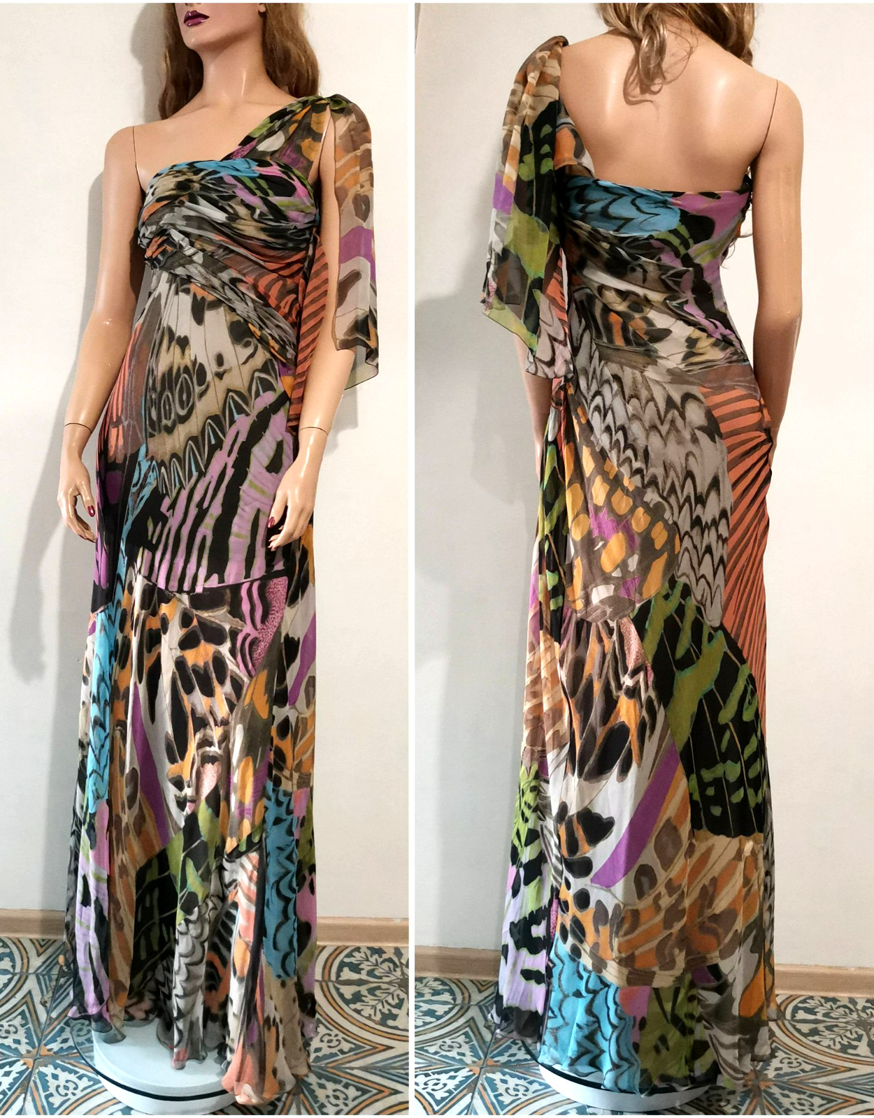 🆓US🛃 RESORT 2011 ALBERTA FERRETTI Abstract Print corset silk maxi Dress IT 40