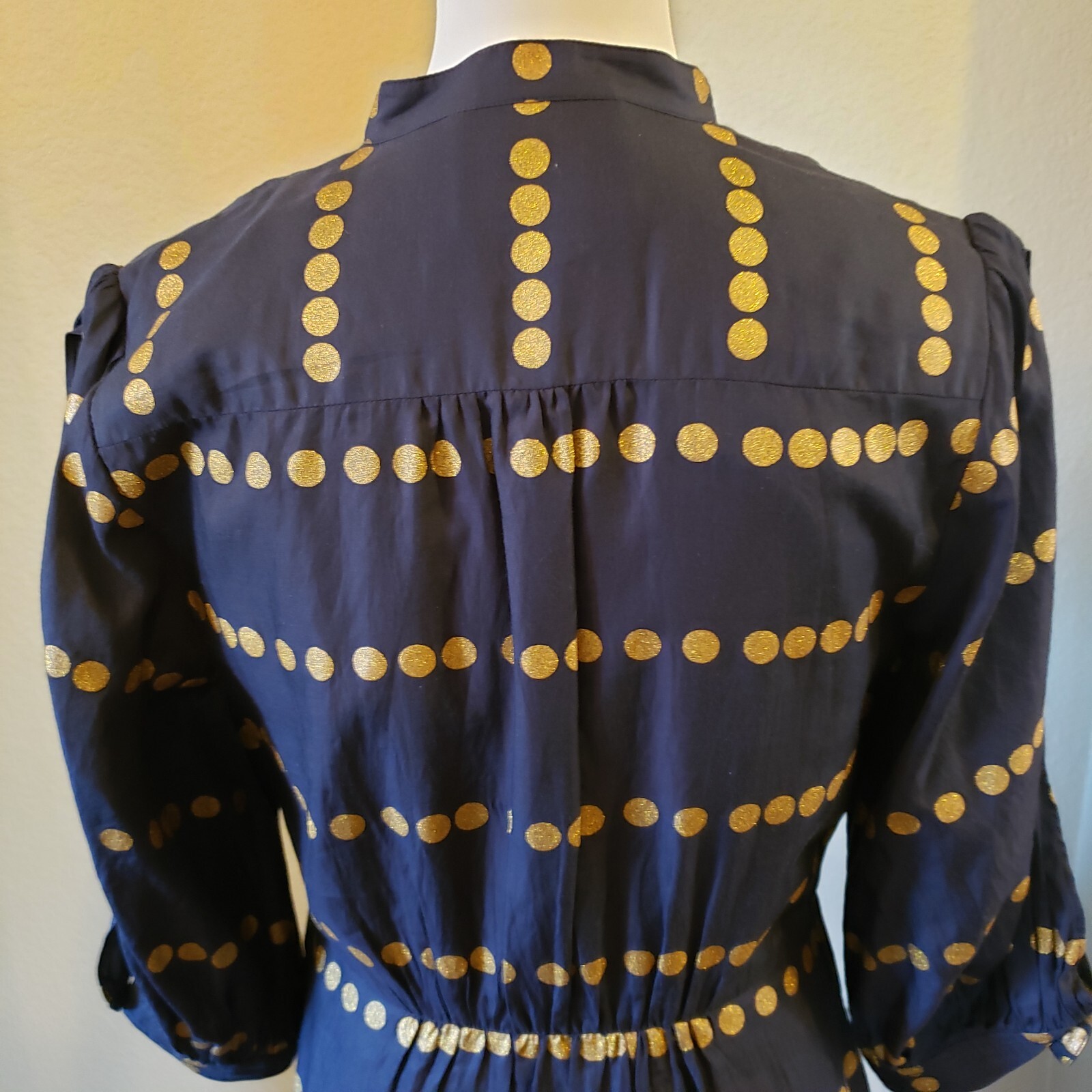 Anthropologie Postmark Dress Womens 6 Navy Gold Dots Slit Sleeves Silk Blend EUC