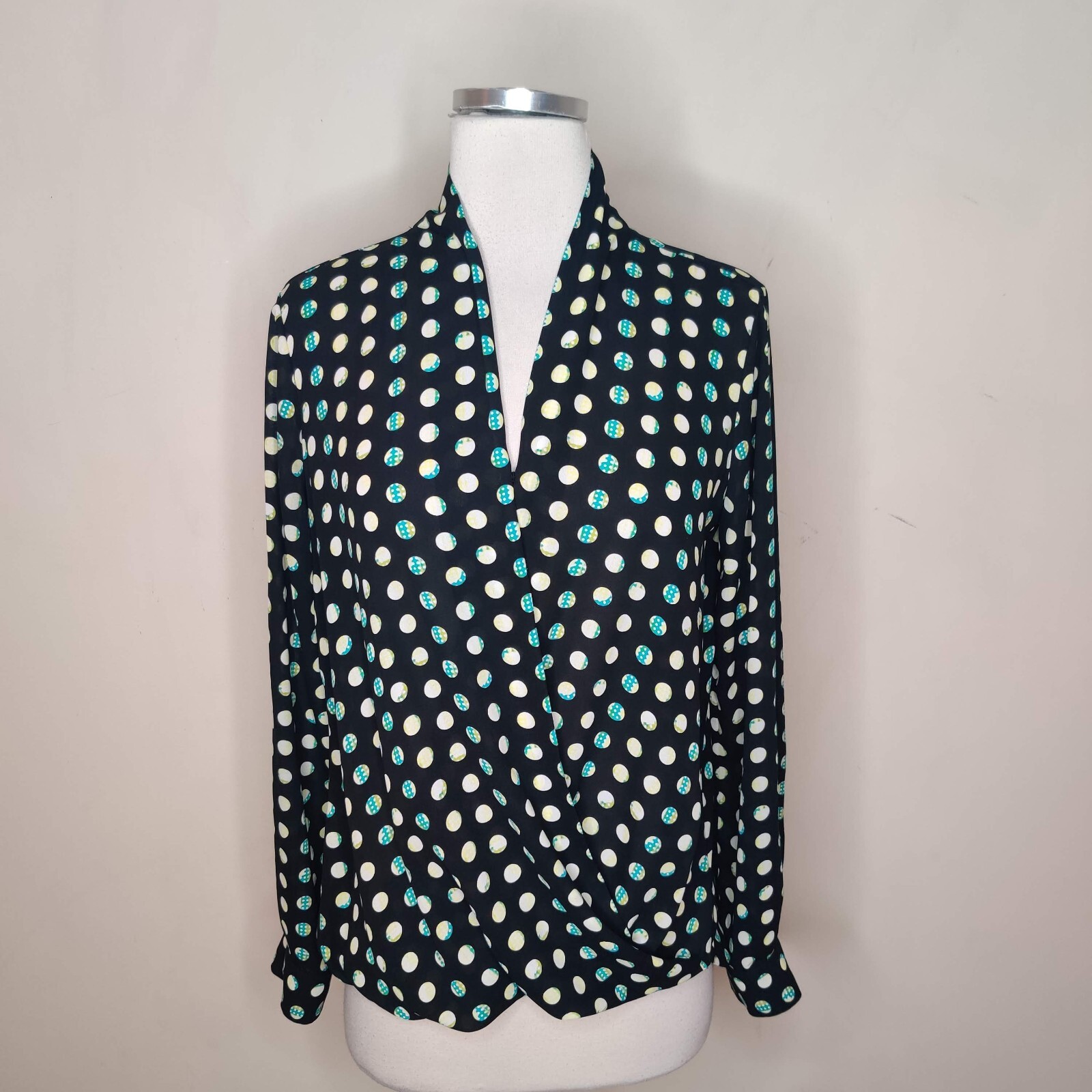 Pleione Wrap Blouse Size Small Circle Dot Black Green Long Sleeve