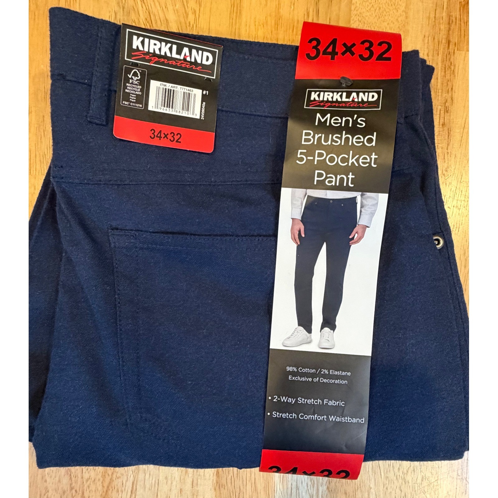 NWT Kirkland Signature Men Brushed 5-Pocket Pant 34×32 Navy Blue Stretch Classic