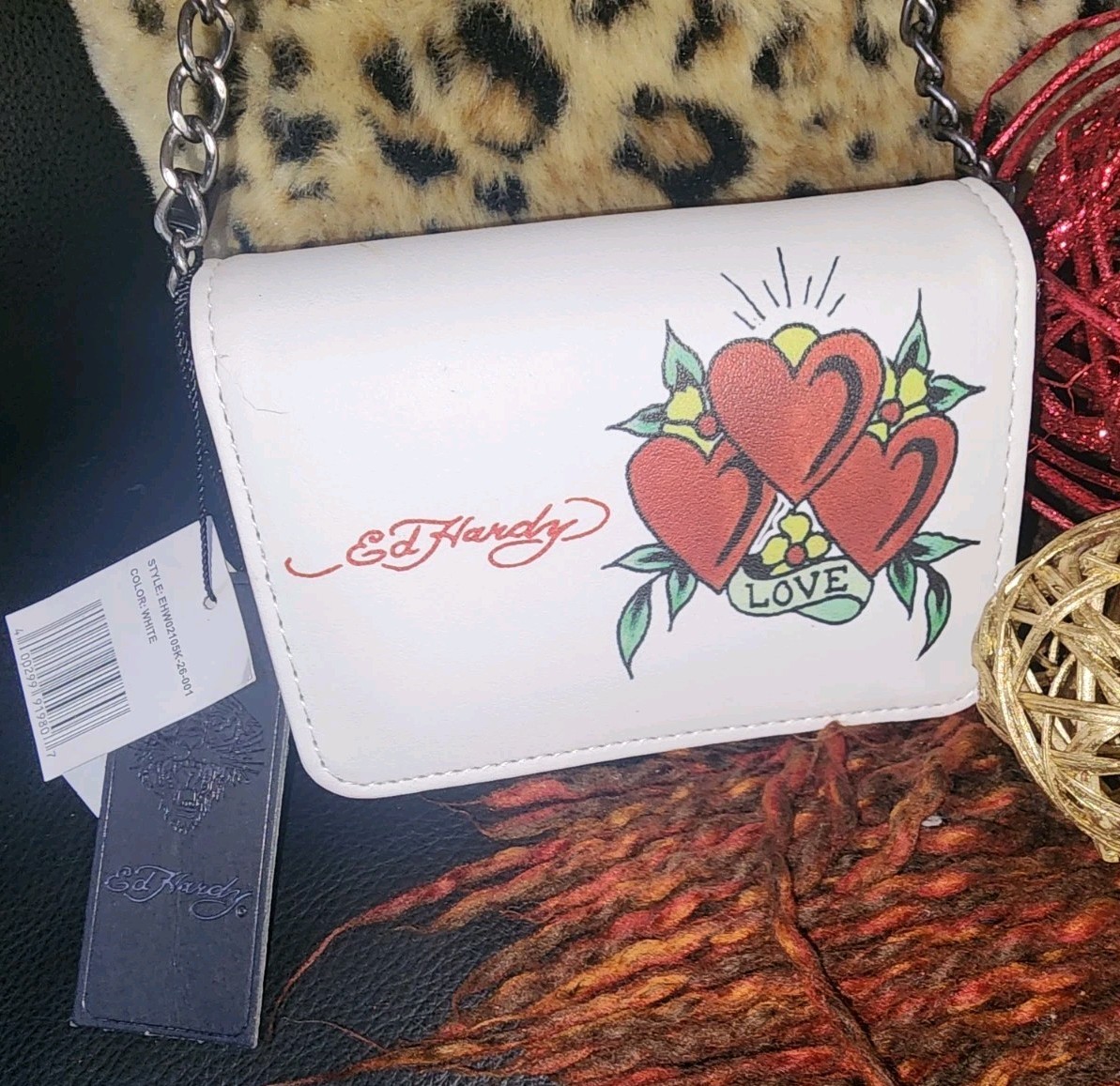 NEW Ed Hardy Love Red Hearts Micro Crossbody White Bag Coins Pouch $35 NWT Rare!