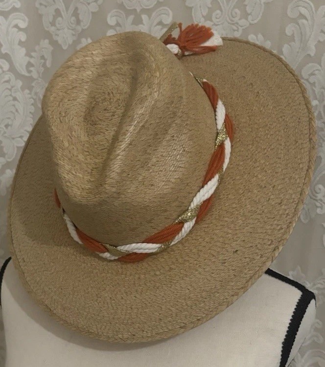 Baldiz Straw Fedora Wide Brim Hat Beige/Orange/White Tassel Accent, One Size