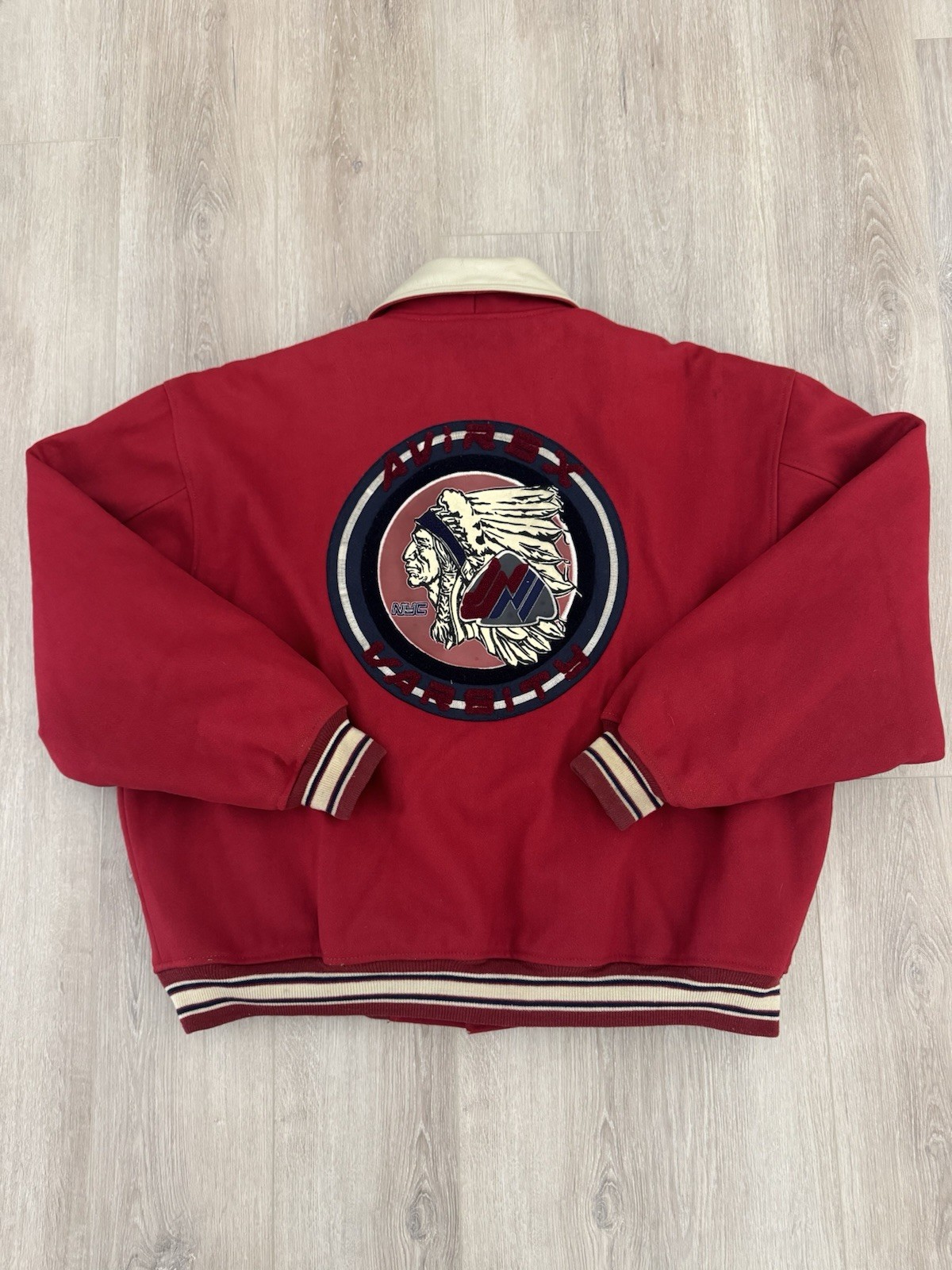 vintage Avirex NYC Rare Varsity Indian Chief Embroidered Zip Up Bomber Jacket