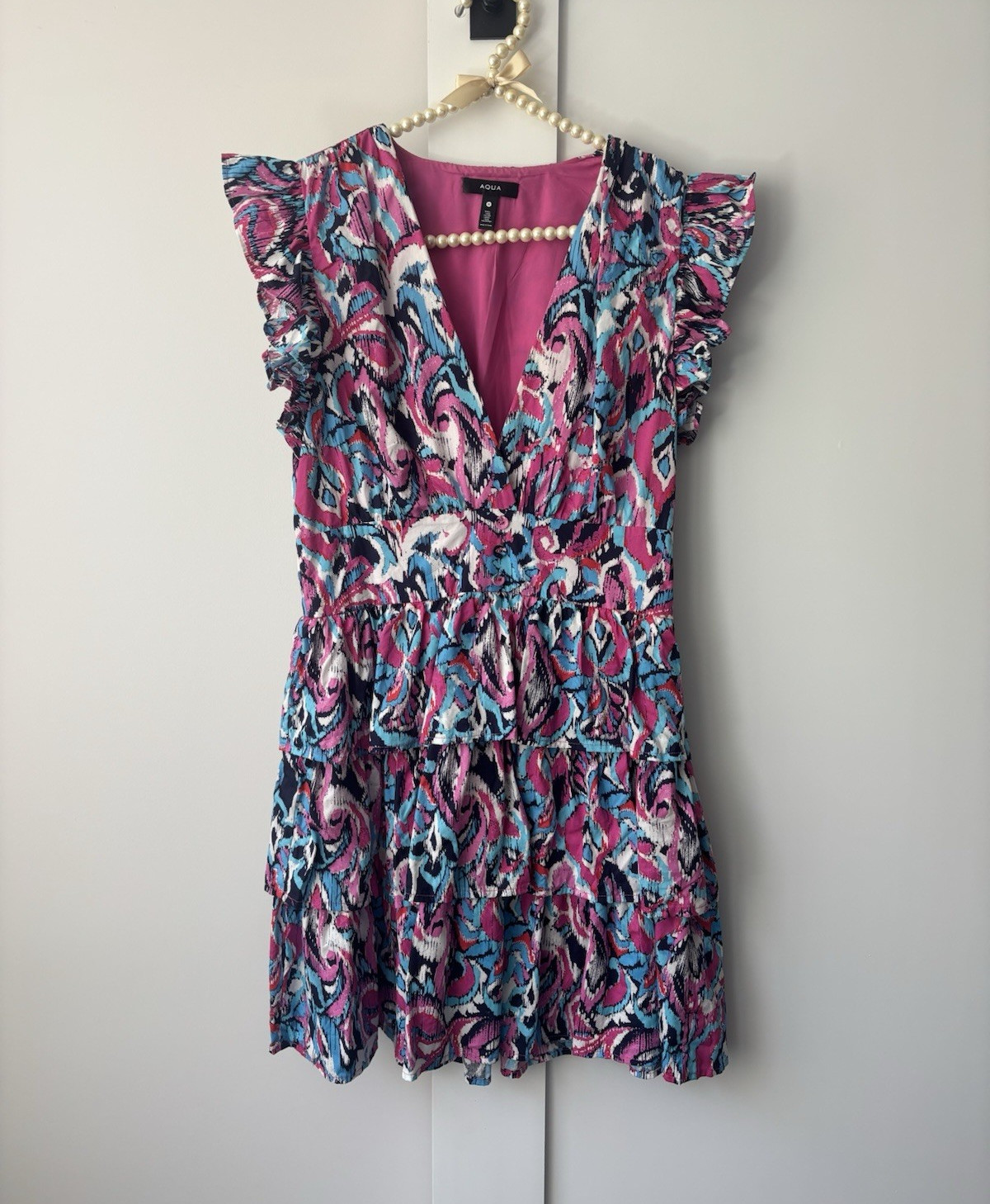 AQUA Pink Blue Abstract V-Neck Ruffle Sleeve Lined Zip Mini Dress Size M