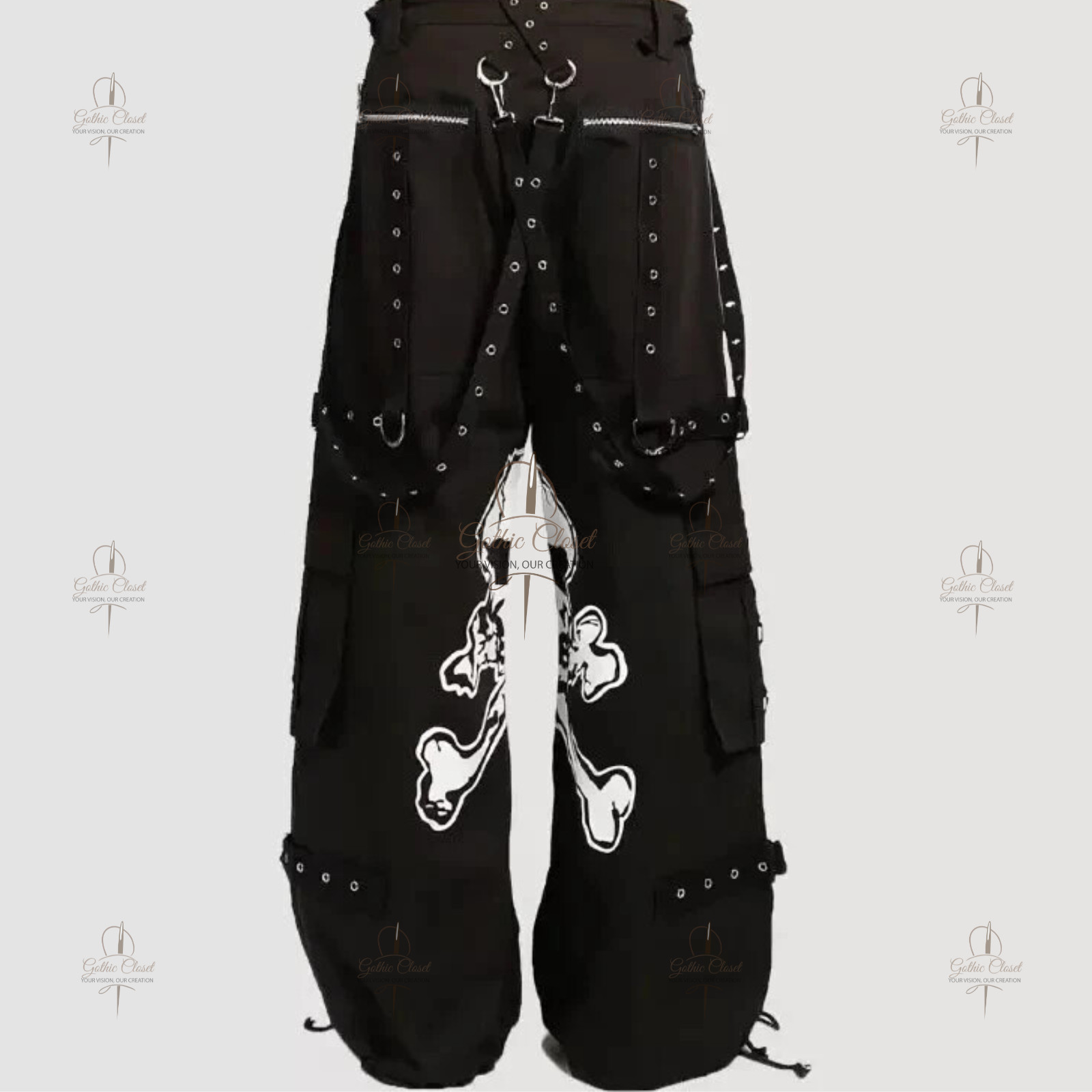 Unisex Gothic Skull Cargo Punk Rave Pants with Studs Black Cyber Wide Leg Jeans