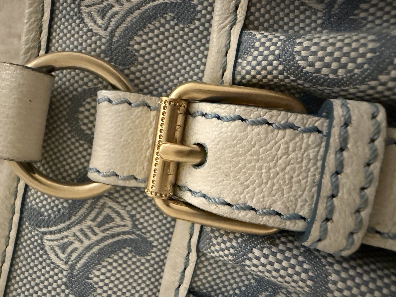 Celine Vintage Blue Triomphe Canvas Shoulder Bag Leather Trim 31cm Authentic