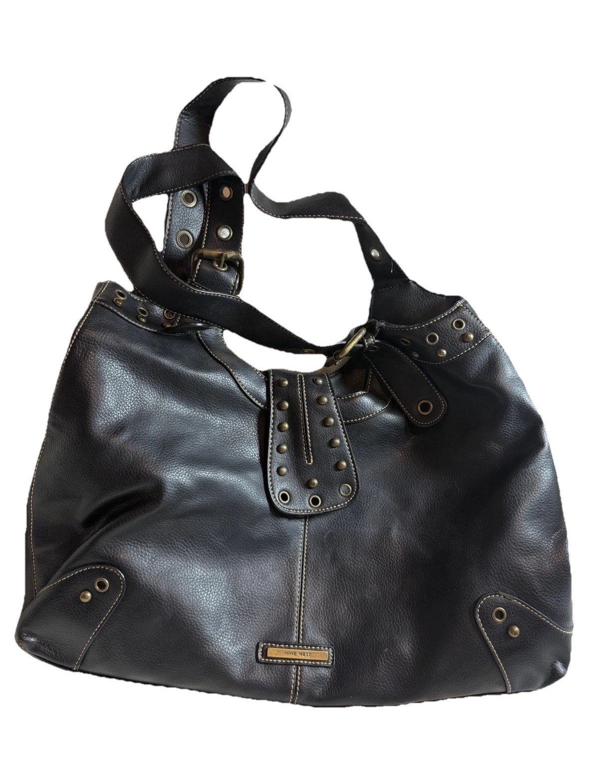 Nine West Black Hobo Shoulder Bag Buckle Studded Strap Gold Hardware Pockets