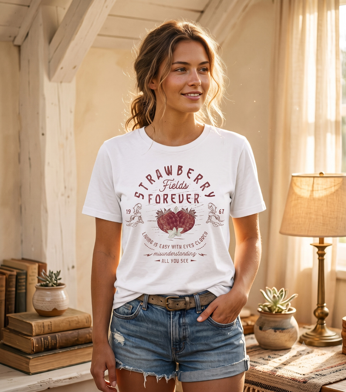 Vintage Strawberry Fields Forever T-Shirt White Premium Cotton Women Tee