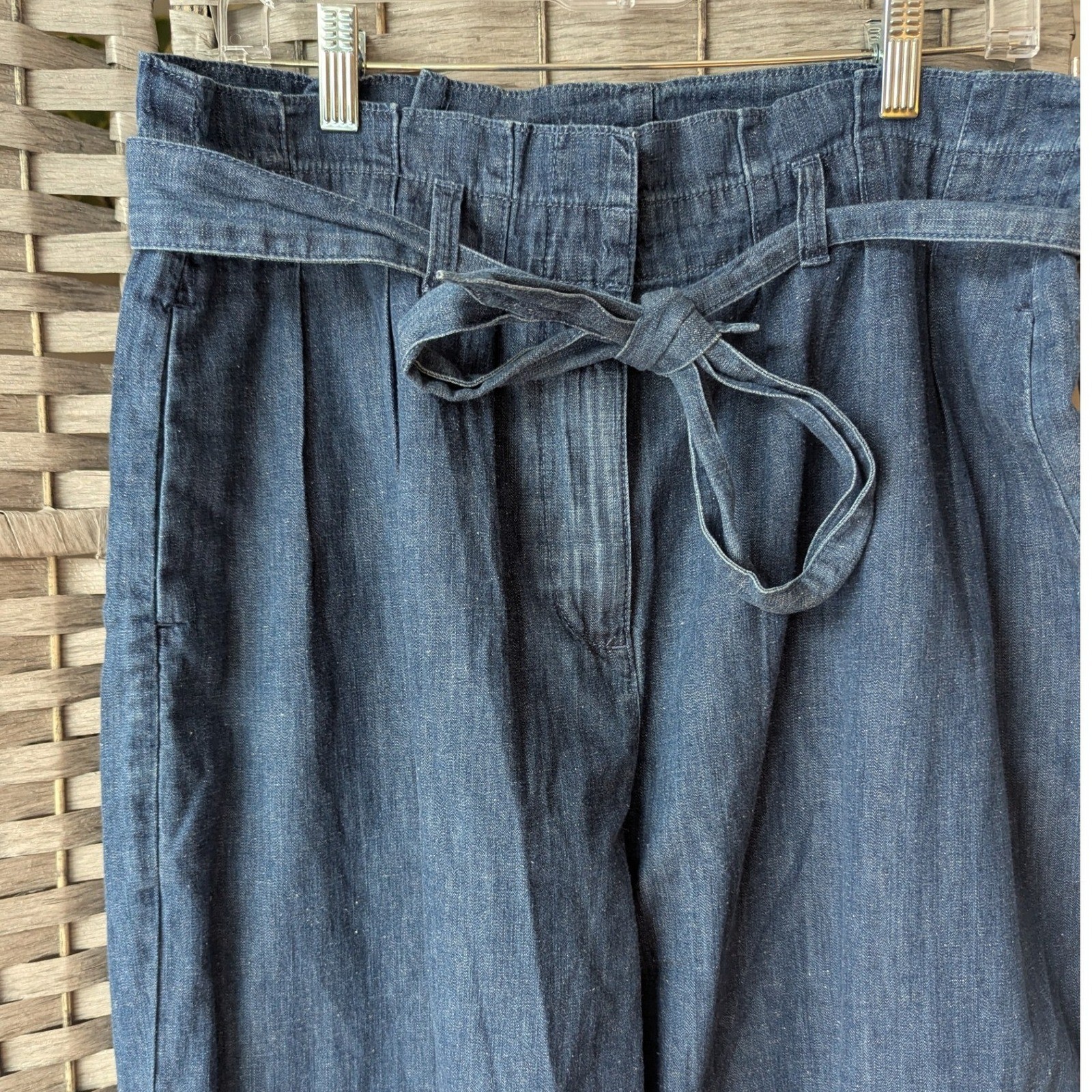 J.Crew Paperbag Pants Blue Chambray Denim Tie Waist Pleated Sz 14 Medium Wash