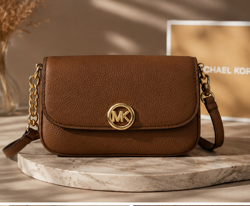 Michael Kors Nolita Small Flap Chain Crossbody Bag Brown Leather Gold MK Purse