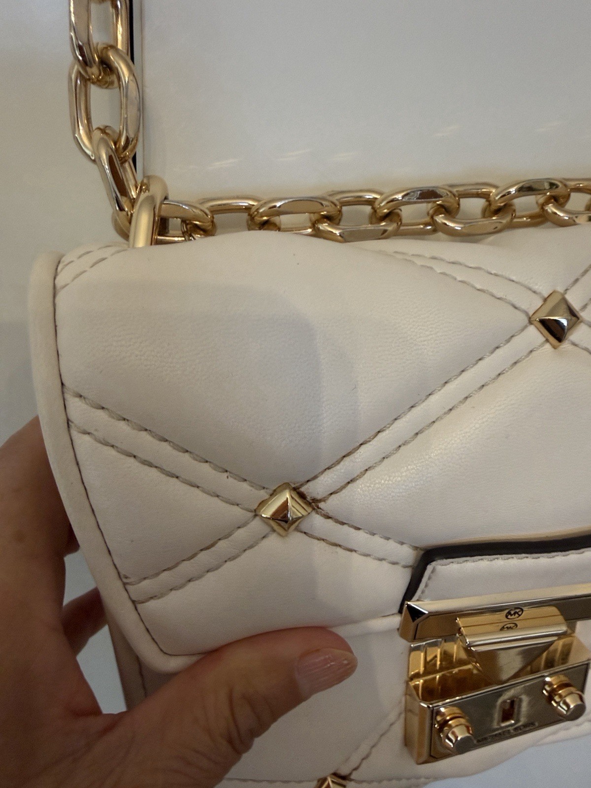 Michael Kors Ivory Quilted Crossbody Bag Chain Strap Turn Lock Gold Hardware