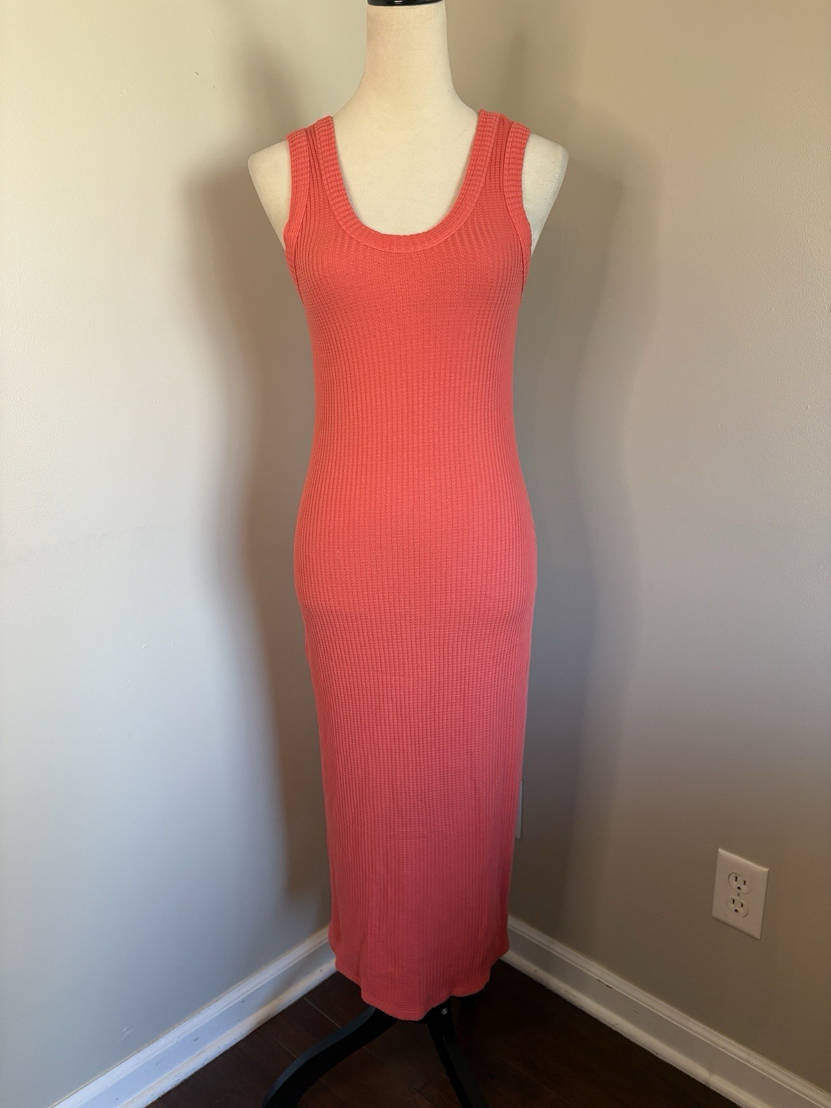Stateside Coral Pink Midi Bodycon Tank Dress Luxe Waffle Ribbed Knit Beach Small