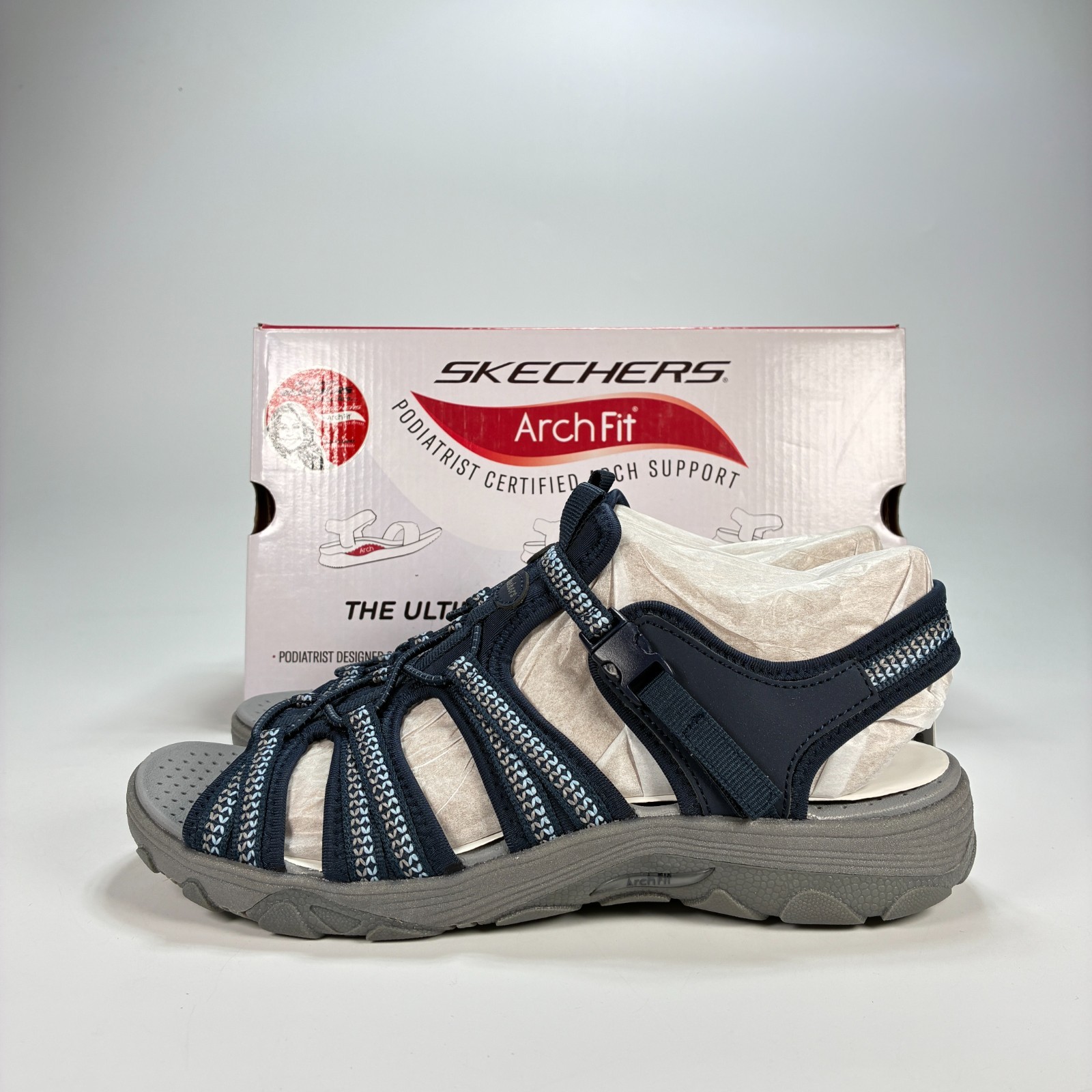 Skechers Arch Fit Reggae Groundbreaking Navy Fisherman Sandals Women’s Size 8