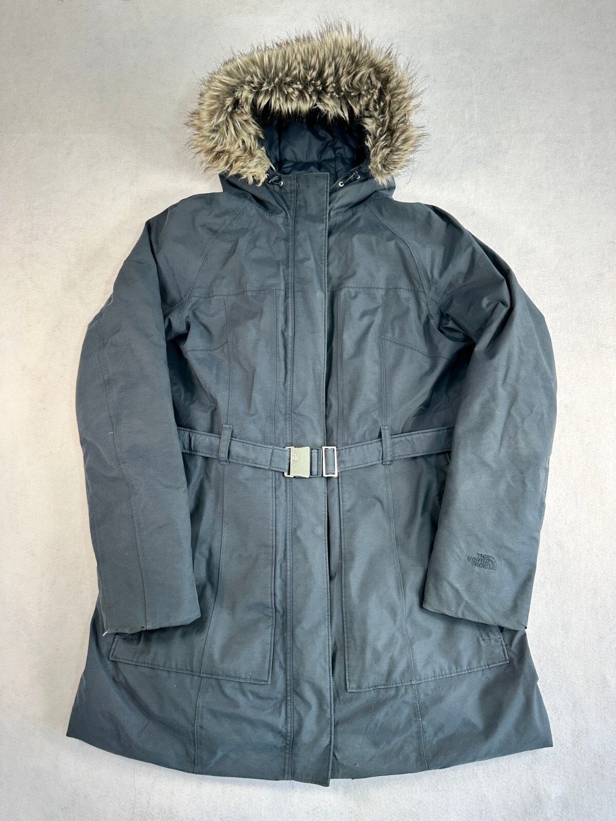 The North Face Brooklyn Parka Coat Women’s XL Blue Belted Long Fur Hood Jacket