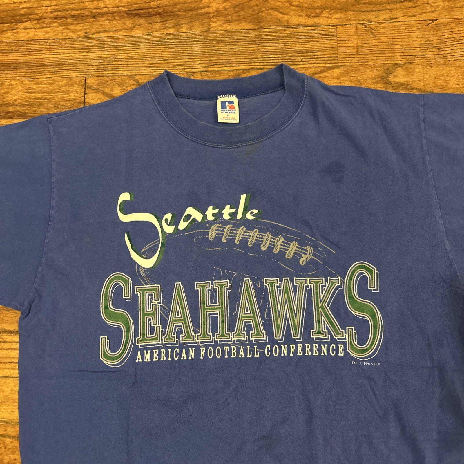 Vintage 90s Russell Athletic Blue Seattle Seahawks T Shirt Size XL USA