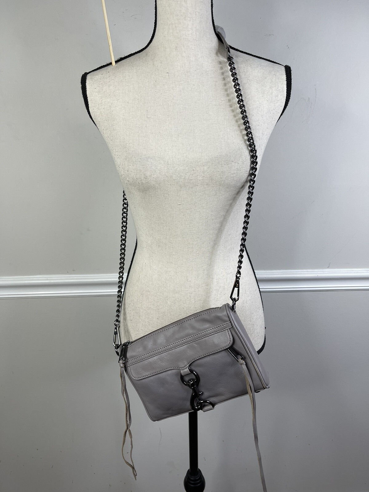 Rebecca Minkoff Mini Mac Grey Leather Studded Zipper Chain Strap Crossbody Bag