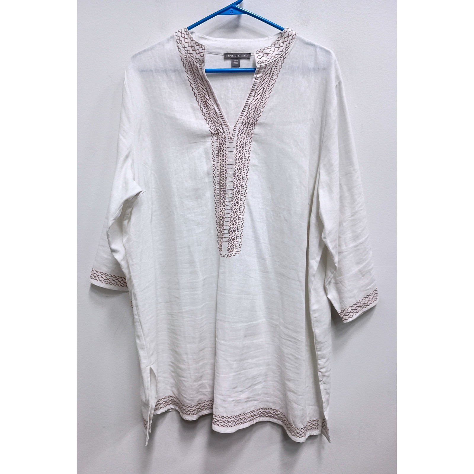 Jessica London Tunic Top Womens 20W White Linen Embroidered Boho Coastal