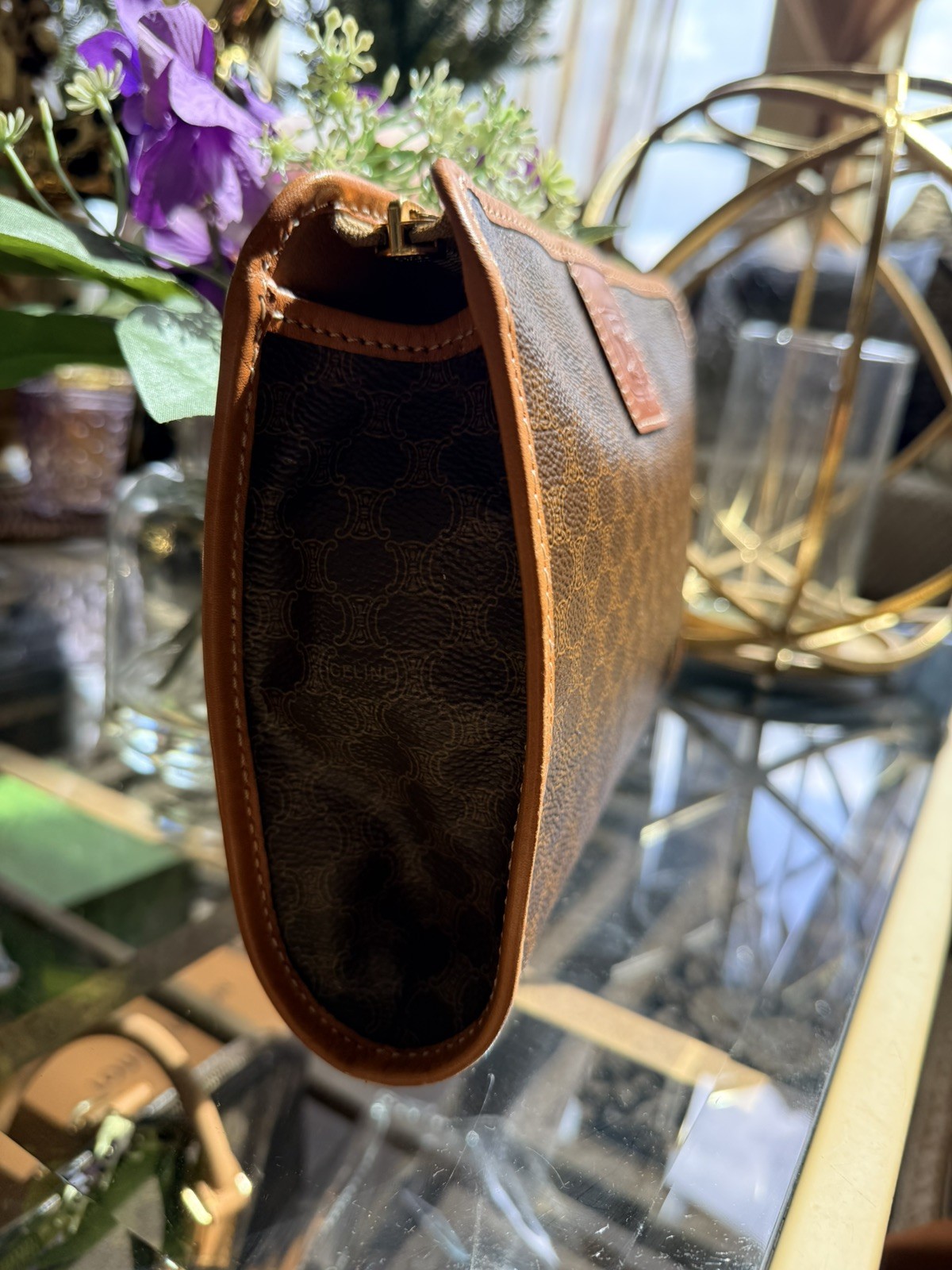 Vintage Celine Macadam Zip Clutch Brown Canvas Leather