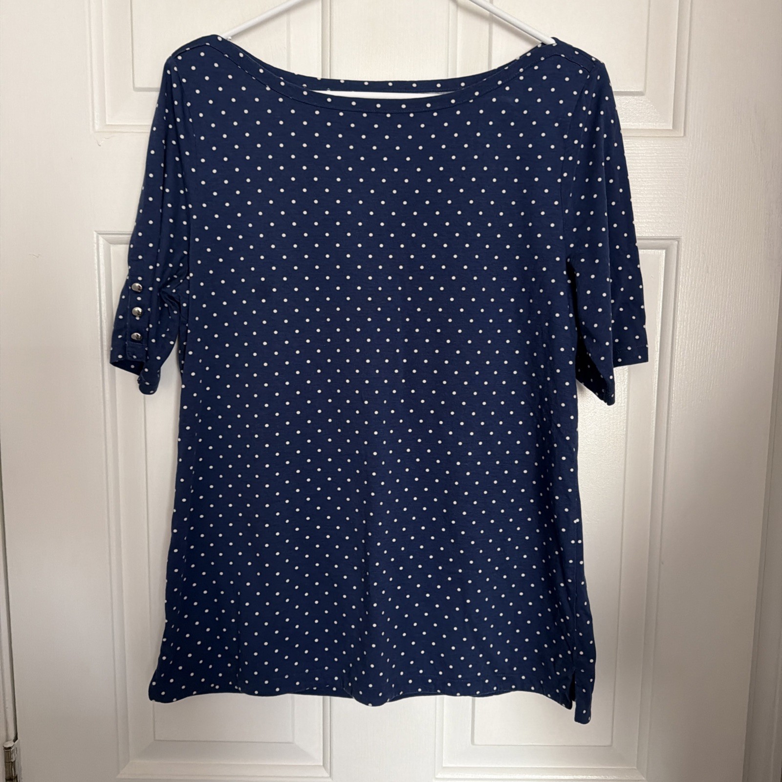 Talbots Women’s Size L Short Sleeve Polkadot Blue & White 100% Pima Cotton ￼￼