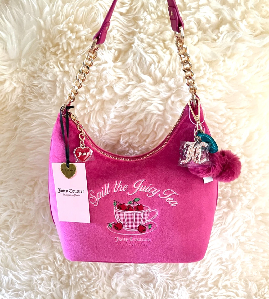 Juicy Couture Raspberry Tart/Pink Clay Velour Sweet Tea Party Hobo Shoulder Bag
